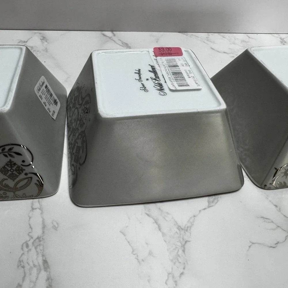 New Set Of 3 Noble Excellence Silver Snowflake Square Soup Cereal Bowl